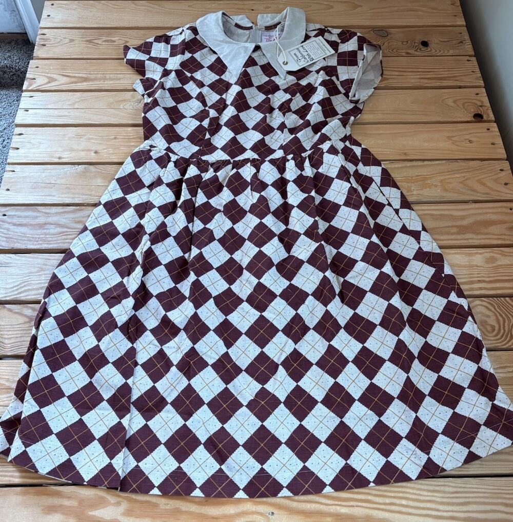 Tuesday Of California NWT Women’s Argyle Print Linen Dress Size S Brown M7
